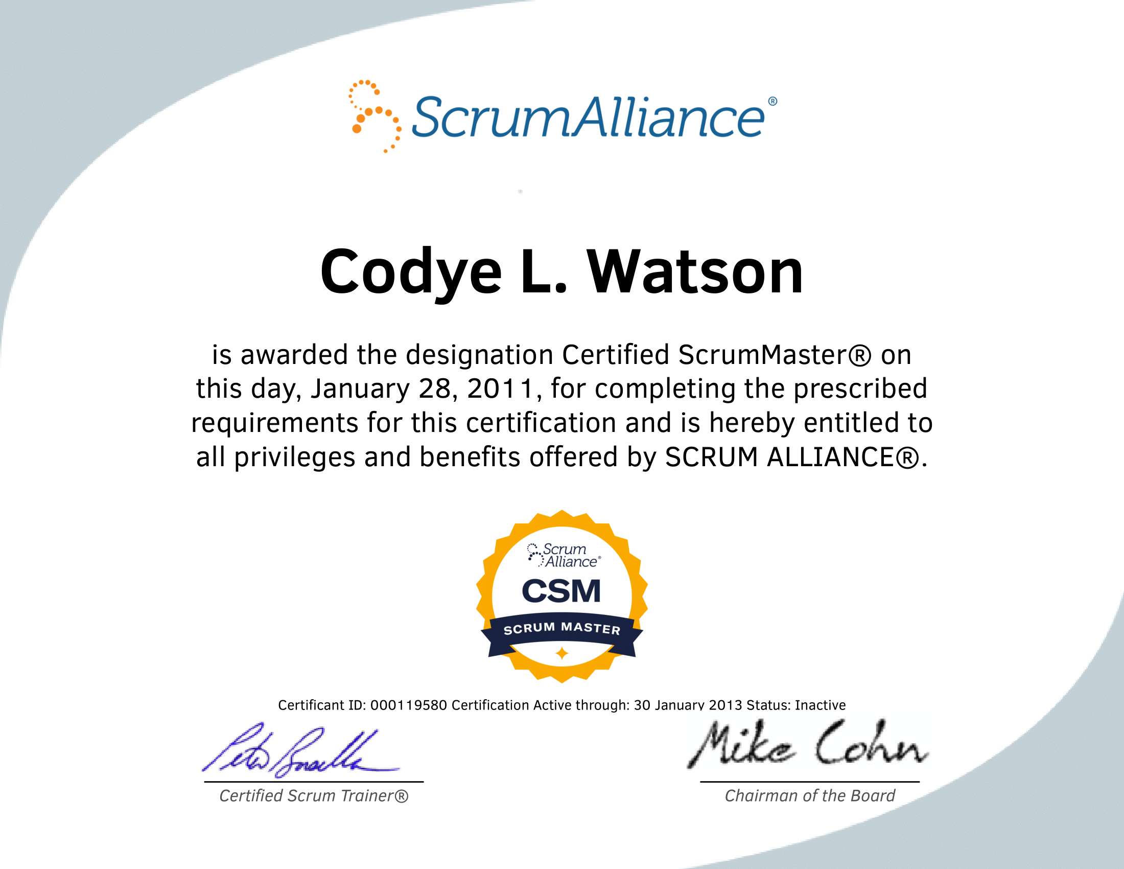 Certified Scrum Master Certificate